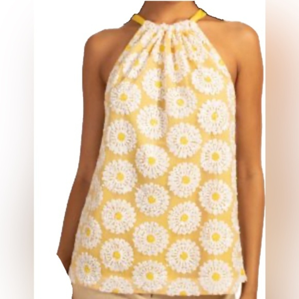 Trina Turk Rancho embroidered halter top sequin flowers, yellow bow in back L